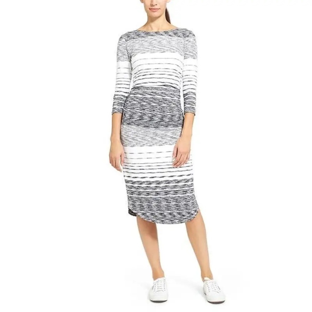 Athleta Scoop Back 3/4 Sleeve Striped Midi Dress Womens Sz M Strechy Casual